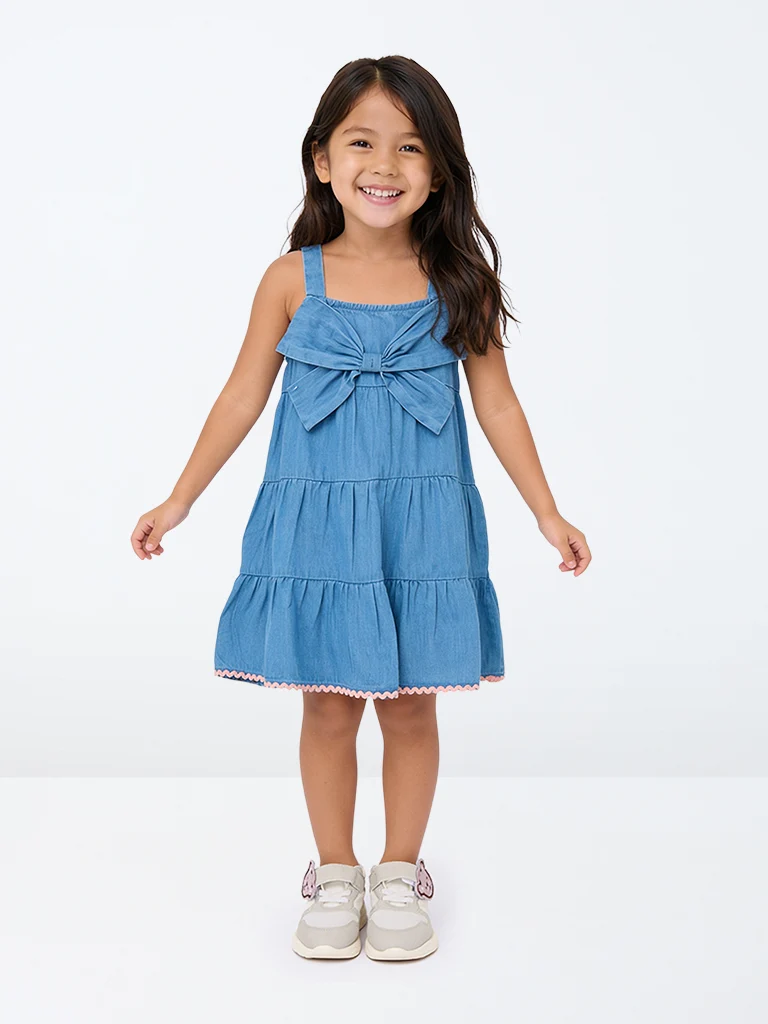 Kids Girls Blue Bow-Design Cotton-Blend Tiered Dress